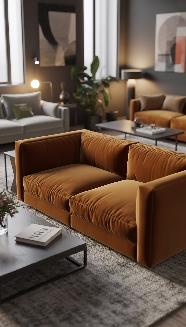 A living room with a rich velvet sofa as the centerpiece, surrounded by a coffee table, plants, and large windows letting in natural light.