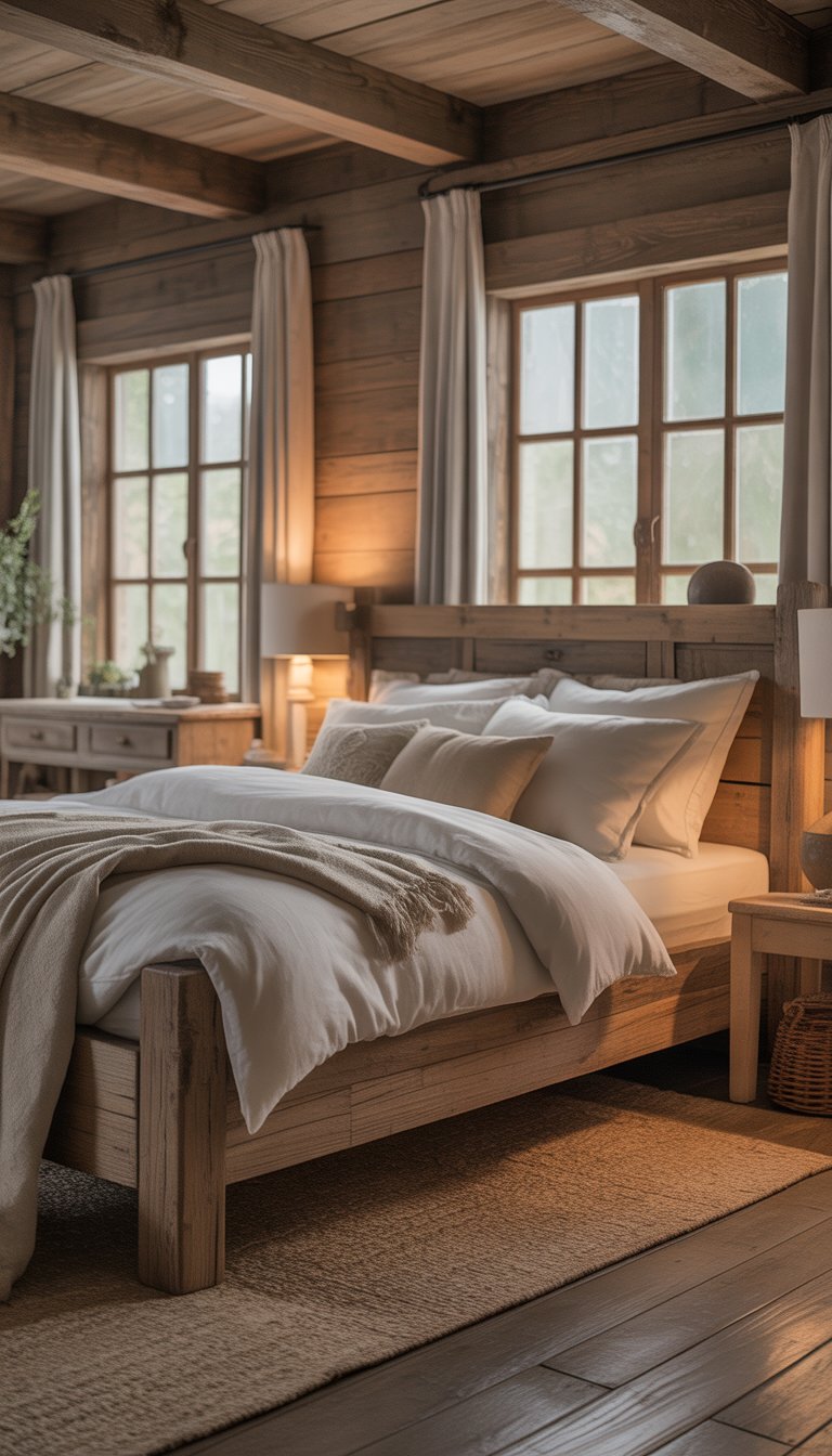 A bedroom with a wooden bed, soft bedding, large windows, wooden floors, and rustic decor creating a warm and inviting atmosphere.