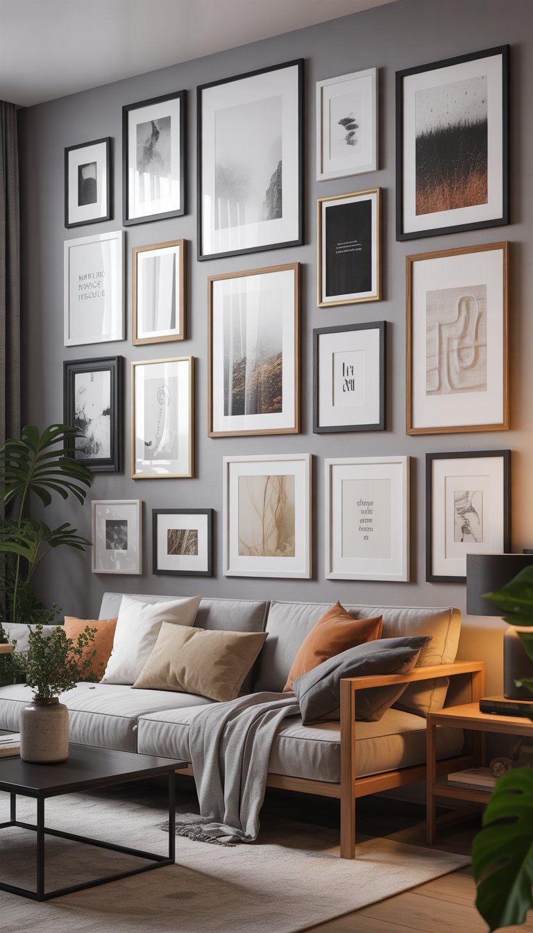 A living room with a gallery wall displaying various framed artworks above a sofa, surrounded by plants and modern furniture.