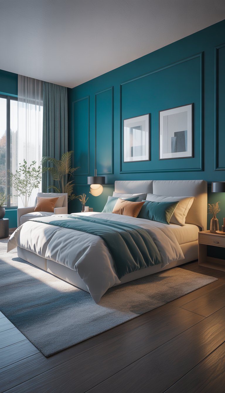 A bedroom with bold teal walls, a large bed with white and gray bedding, natural light from large windows, indoor plants, and modern furniture.
