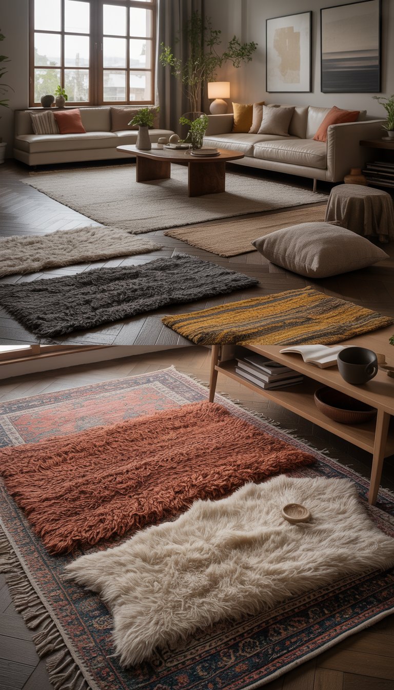 A living room with multiple layered cozy textured rugs, a sofa, coffee table, and natural light coming through large windows.