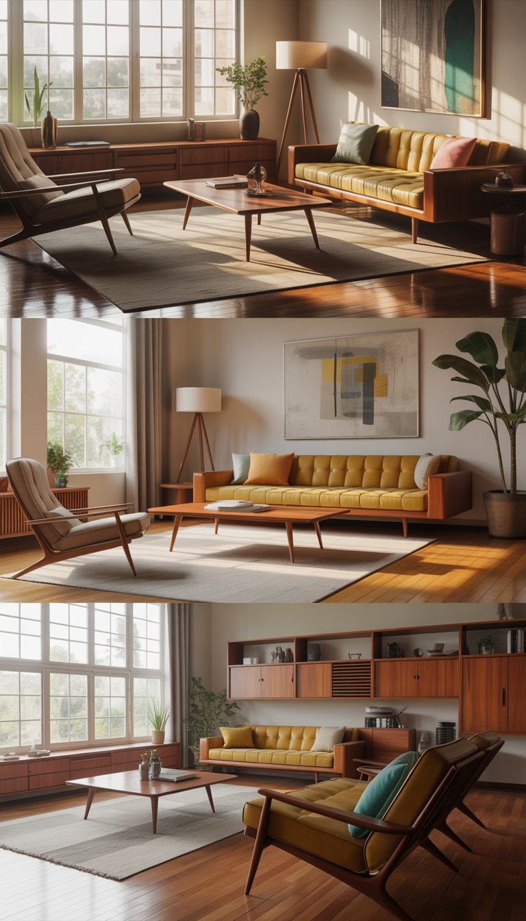 A bright living room with wooden furniture, a sofa, lounge chair, coffee table, floor lamp, and plants.