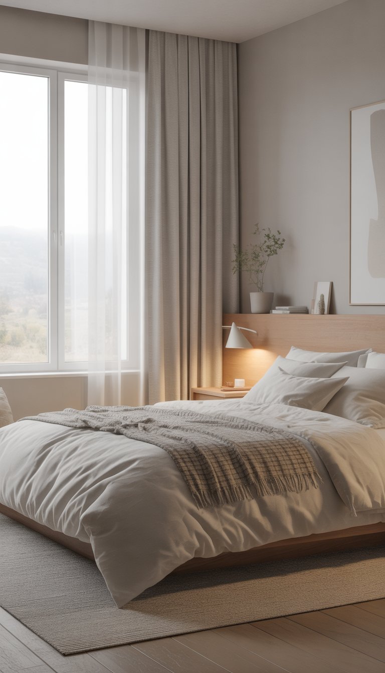 A bright bedroom with a neatly made bed, wooden nightstand, lamp, and large windows letting in natural light.