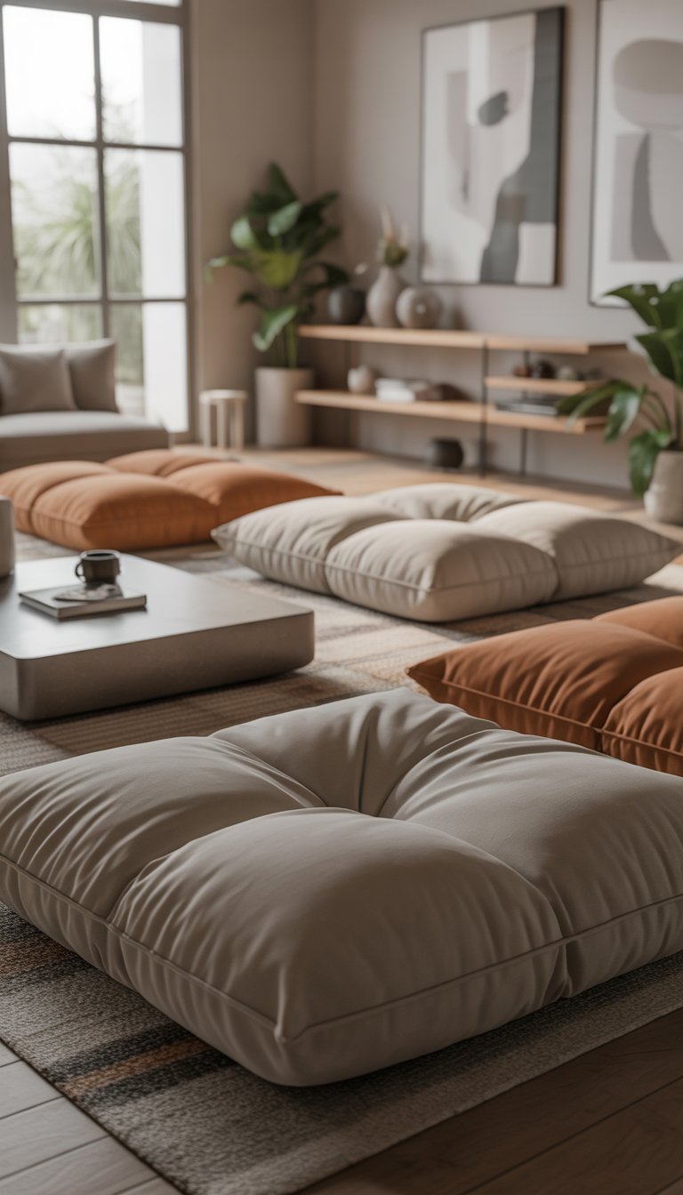 A bright living room with large, plush floor cushions arranged around a low coffee table on a textured rug, surrounded by wooden furniture and green plants.