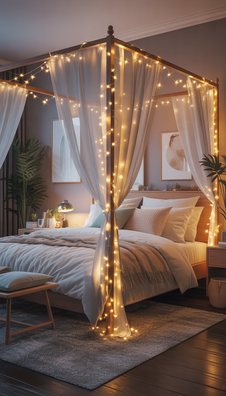 A bedroom with a canopy bed decorated with glowing fairy lights, cozy bedding, and tasteful decor including plants and a bedside table.