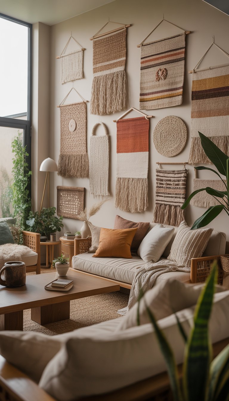 A living room with various woven wall hangings displayed on the walls, comfortable seating, a wooden coffee table, and indoor plants.