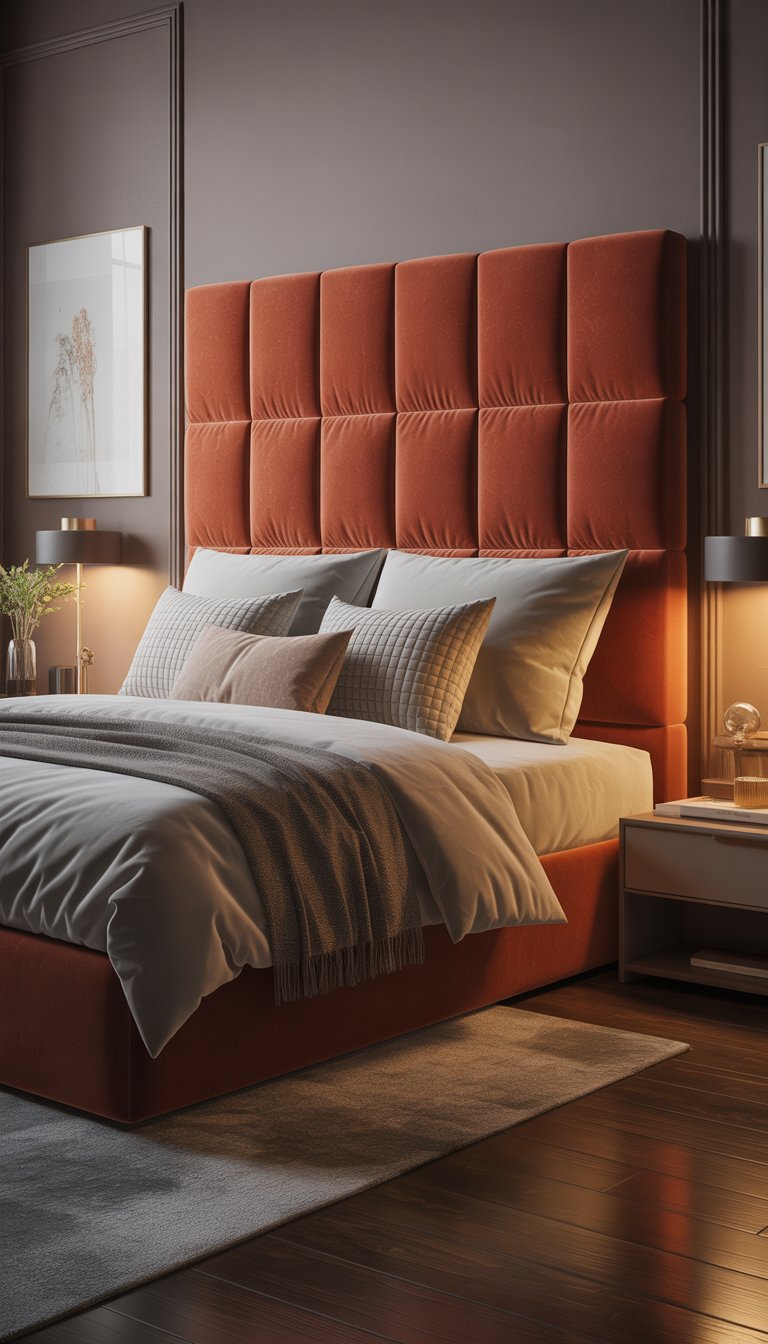 A bedroom with a large velvet upholstered headboard, a king-sized bed with pillows and blankets, bedside lamps, and decorative elements.