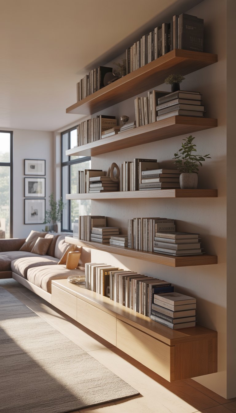 A modern living room with floating wooden shelves filled with books above a comfortable sofa, illuminated by natural light from large windows.