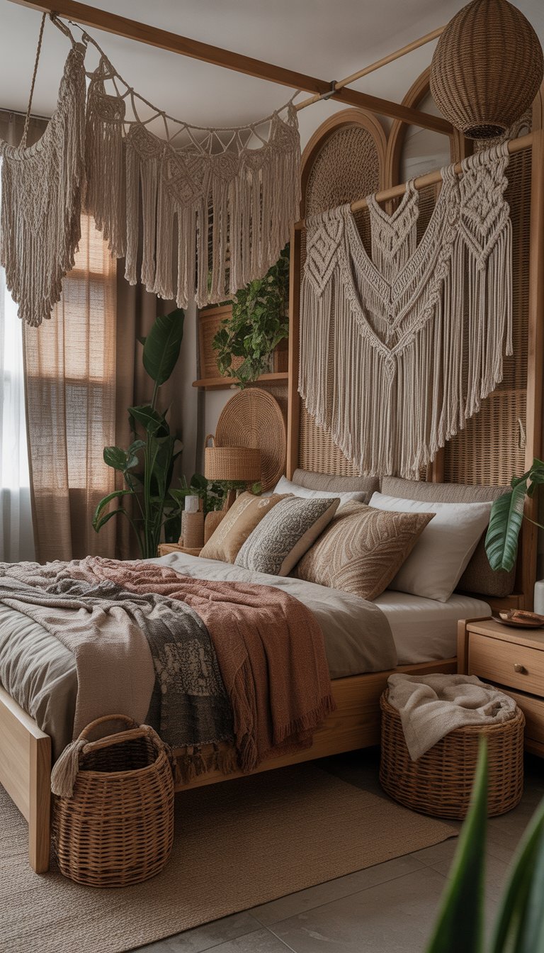 A cozy bedroom with a bed, macrame wall hangings above it, wooden furniture, plants, and soft natural light coming through sheer curtains.