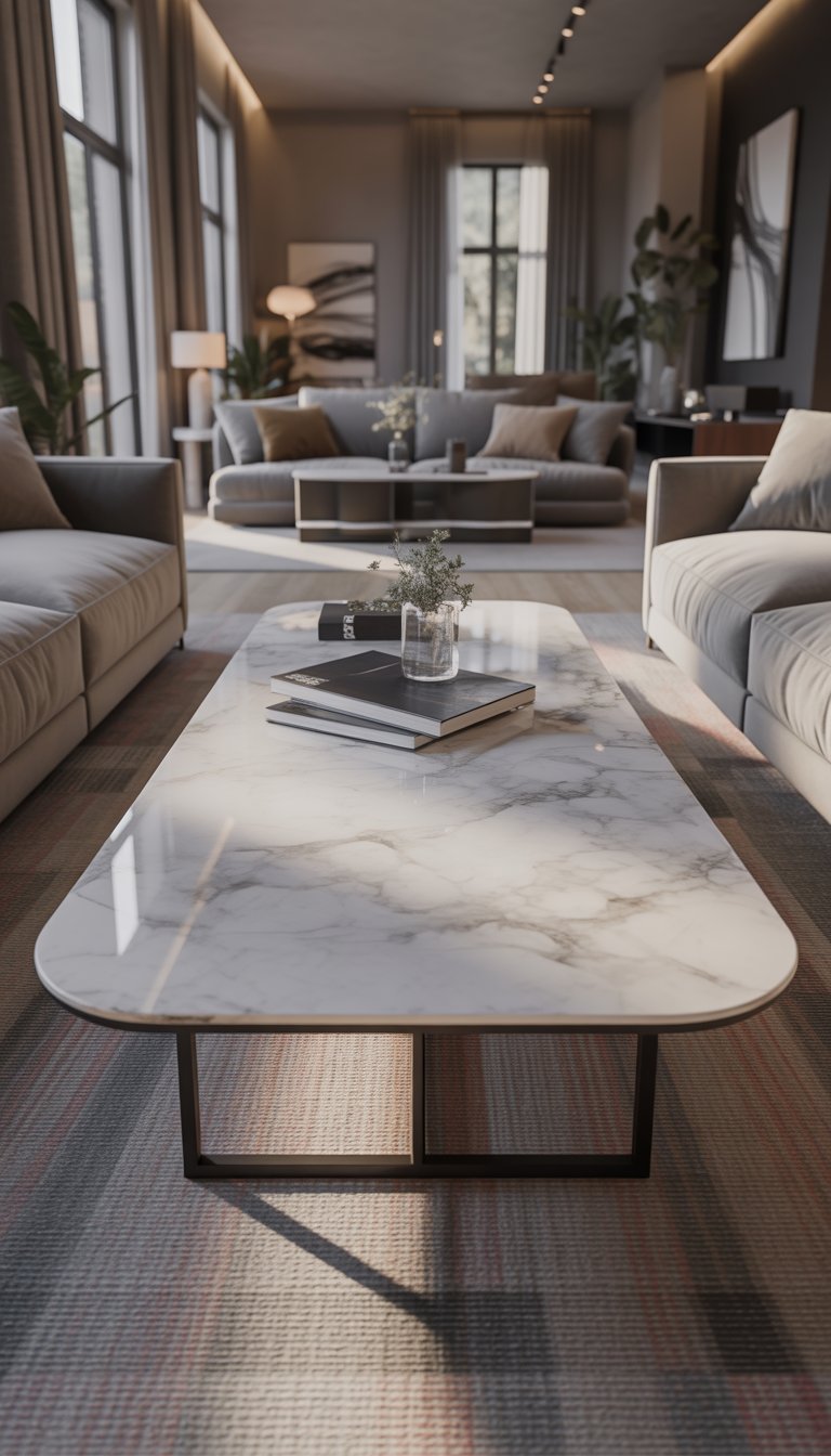 A modern living room with a sleek marble coffee table surrounded by sofas, plants, and large windows letting in natural light.