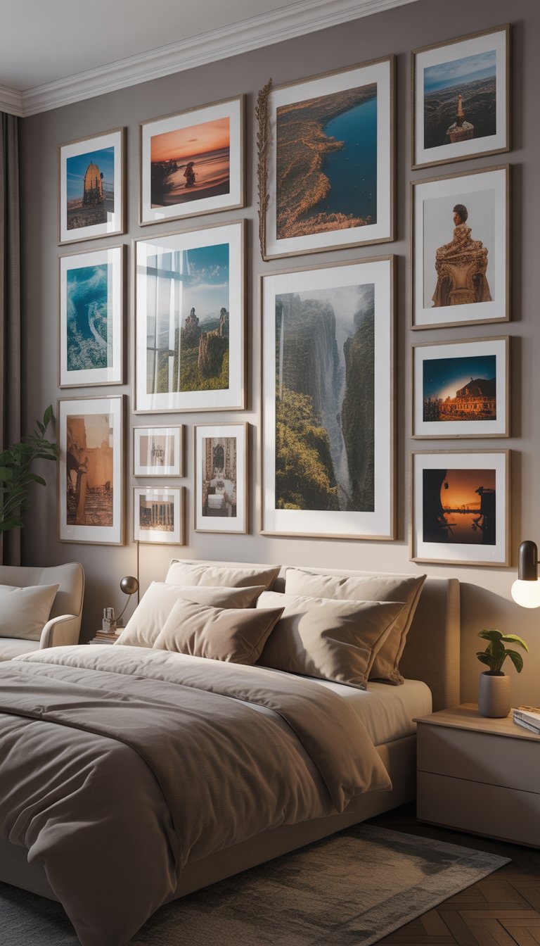 A bedroom with a gallery wall displaying framed travel photos above a neatly made bed, featuring soft lighting and tasteful decor.