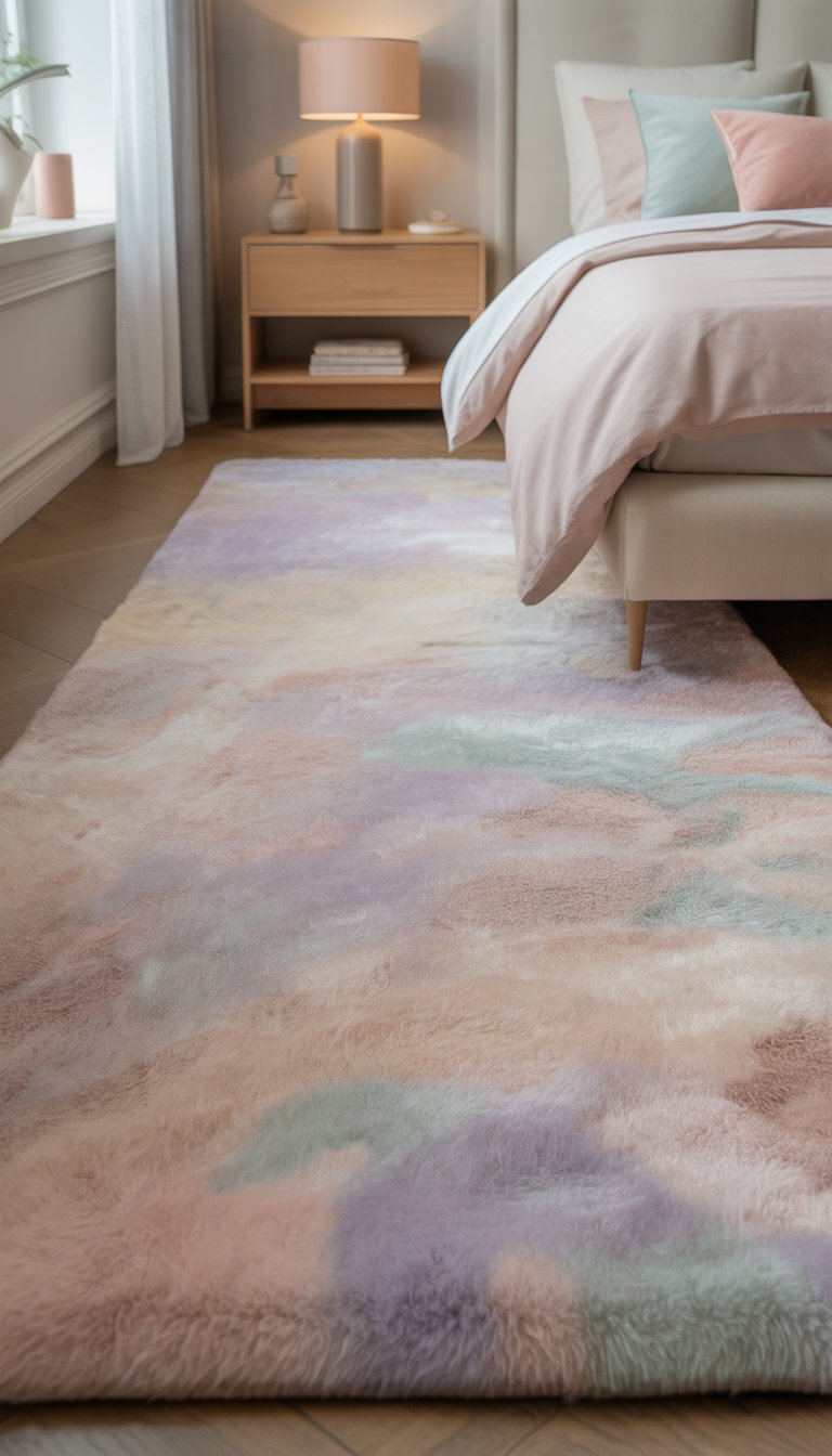 A cozy bedroom featuring a plush pastel-colored area rug on light hardwood floors, with a neatly made bed and natural light coming through sheer curtains.