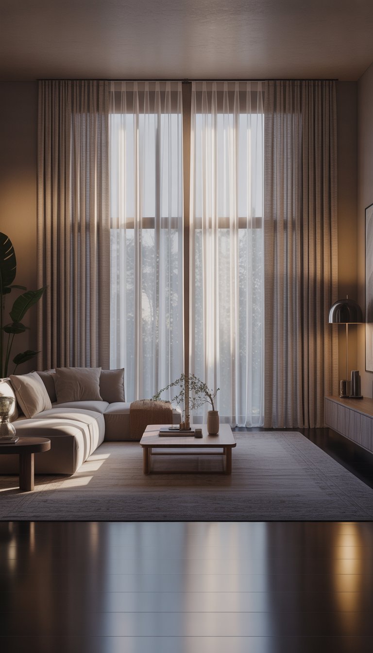 A spacious living room with floor-to-ceiling curtains, a sectional sofa, a coffee table, plants, and warm natural light.