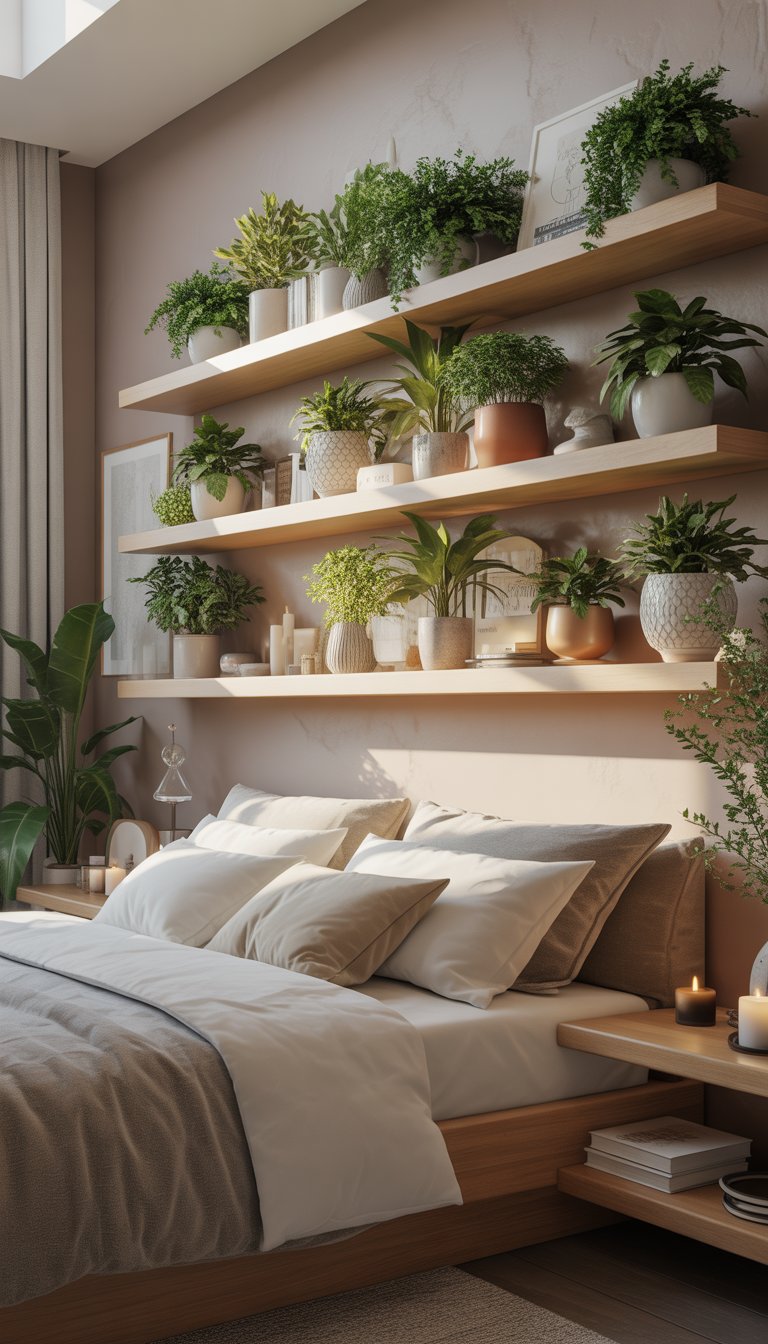 A bedroom with floating wooden shelves holding potted plants above a neatly made bed with white linens.
