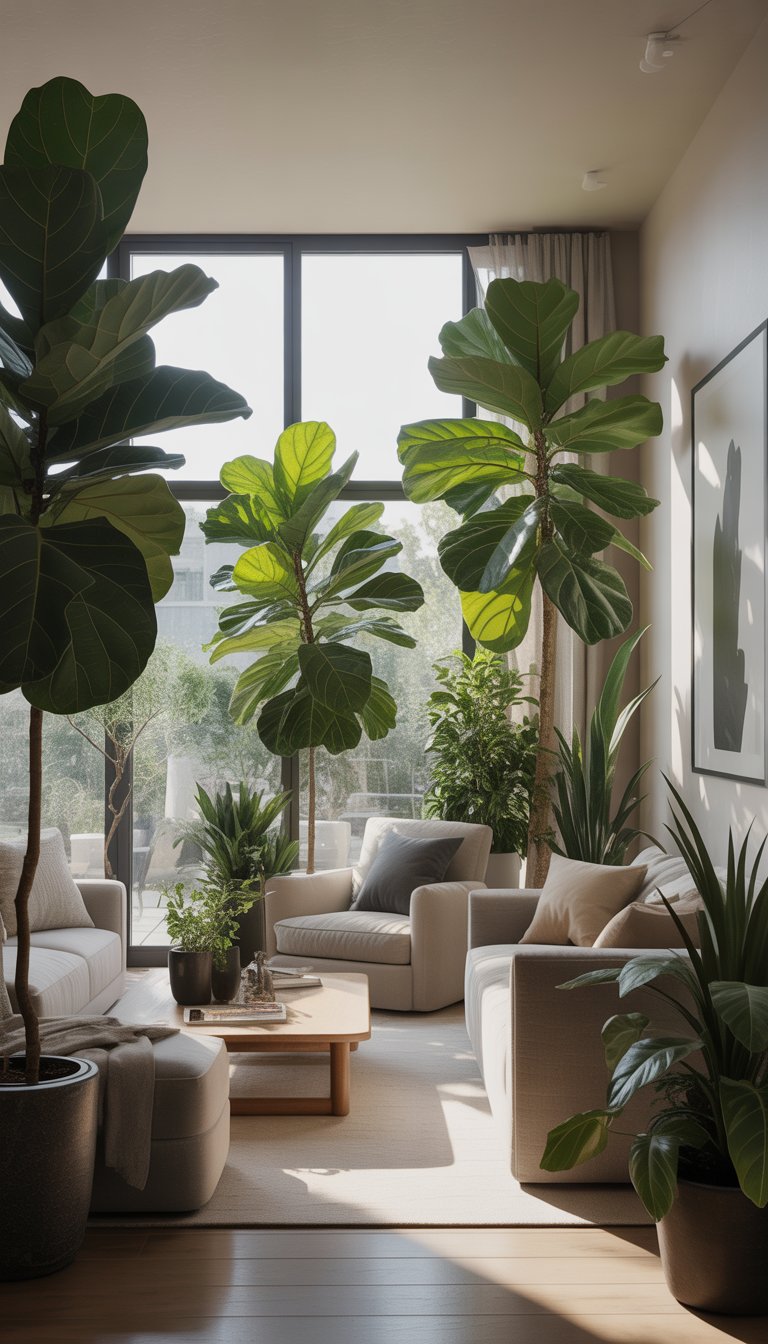 A spacious living room with large fiddle leaf fig plants, comfortable seating, and natural light coming through big windows.