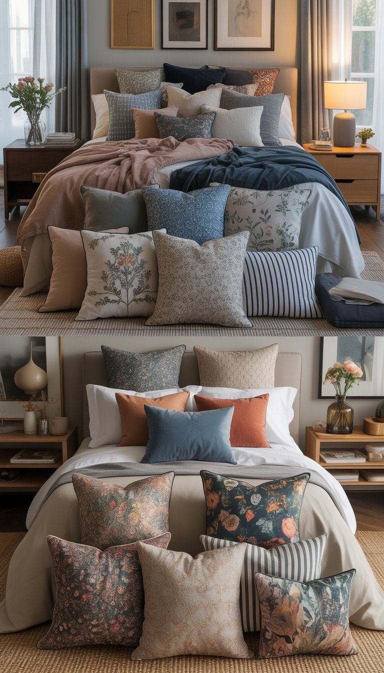 A cozy bedroom with a bed covered in various patterned throw pillows, soft bedding, and natural light coming through large windows.