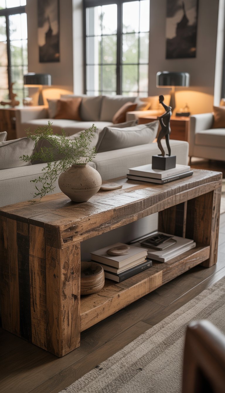 A living room with a rustic reclaimed wood console table decorated with a vase, books, and sculpture, alongside a sofa and warm lighting.