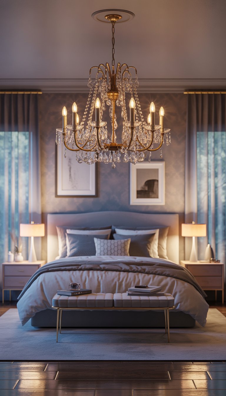 A beautifully decorated bedroom with a vintage chandelier hanging from the ceiling, a comfortable bed with pillows and blankets, nightstands with lamps, large windows with sheer curtains, and a cozy area rug on the floor.