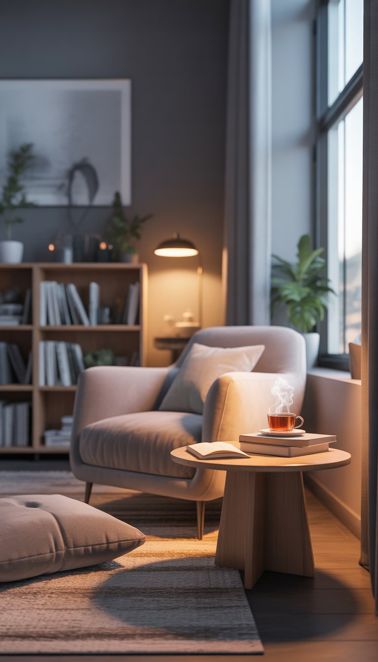 A cozy reading nook with a comfortable armchair, a side table with a cup and books, a rug, a bookshelf with plants, and soft lighting in a living room.