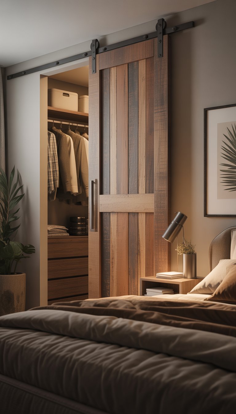 A modern bedroom with a sliding barn door closet, featuring warm wood tones, a cozy bed, and stylish decor.