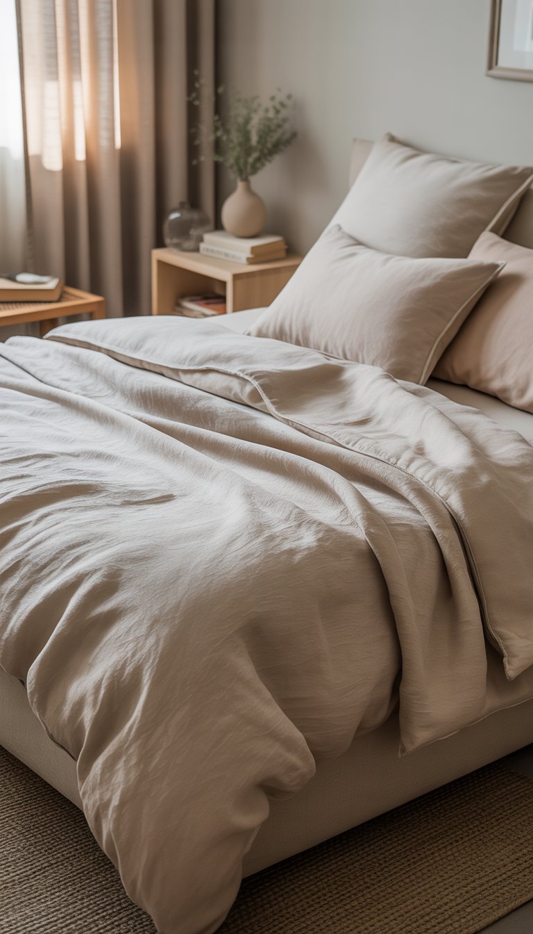 A neatly made bed with soft linen bedding in neutral colors in a calm bedroom with natural light, wooden nightstands, and simple decor.