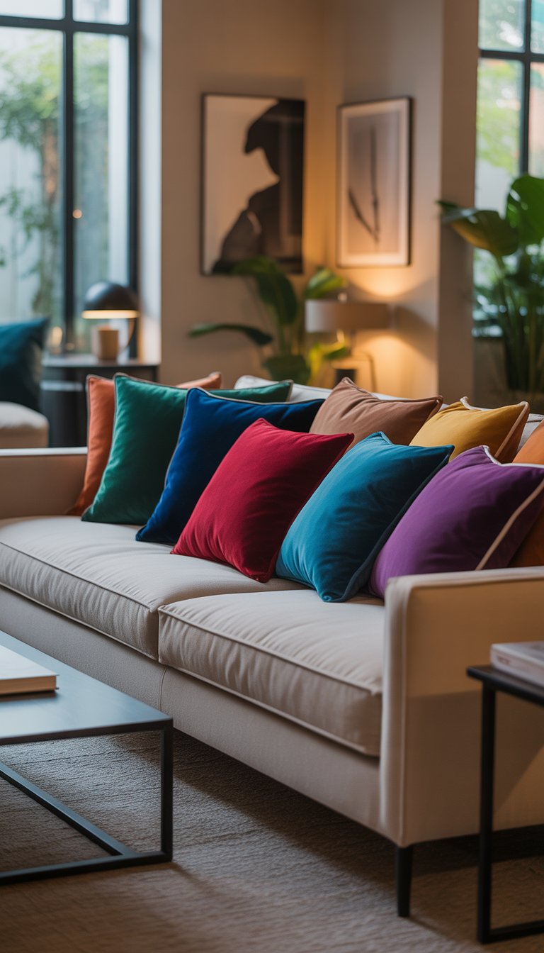 A living room with a neutral sofa decorated with colorful jewel-toned throw pillows, a coffee table, indoor plants, and large windows letting in natural light.