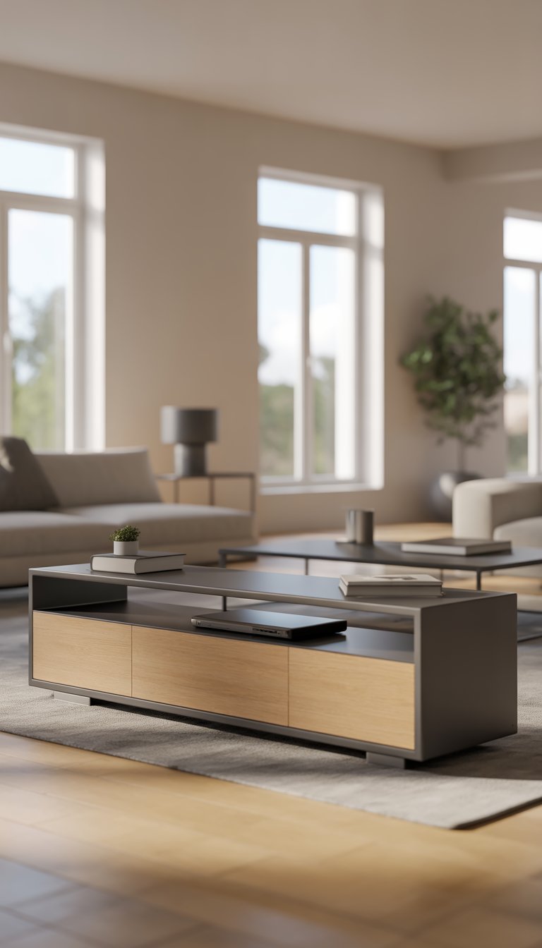 A living room with a wood and metal TV stand, a sofa, a coffee table, and natural light coming through large windows.