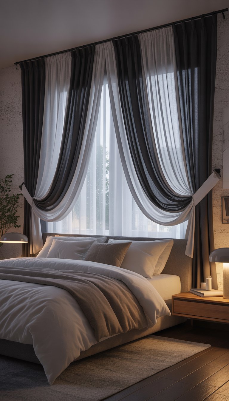 A bedroom with layered curtains featuring sheer white fabric and dark blackout panels, a neatly made bed, a wooden nightstand with a lamp, and a small plant.