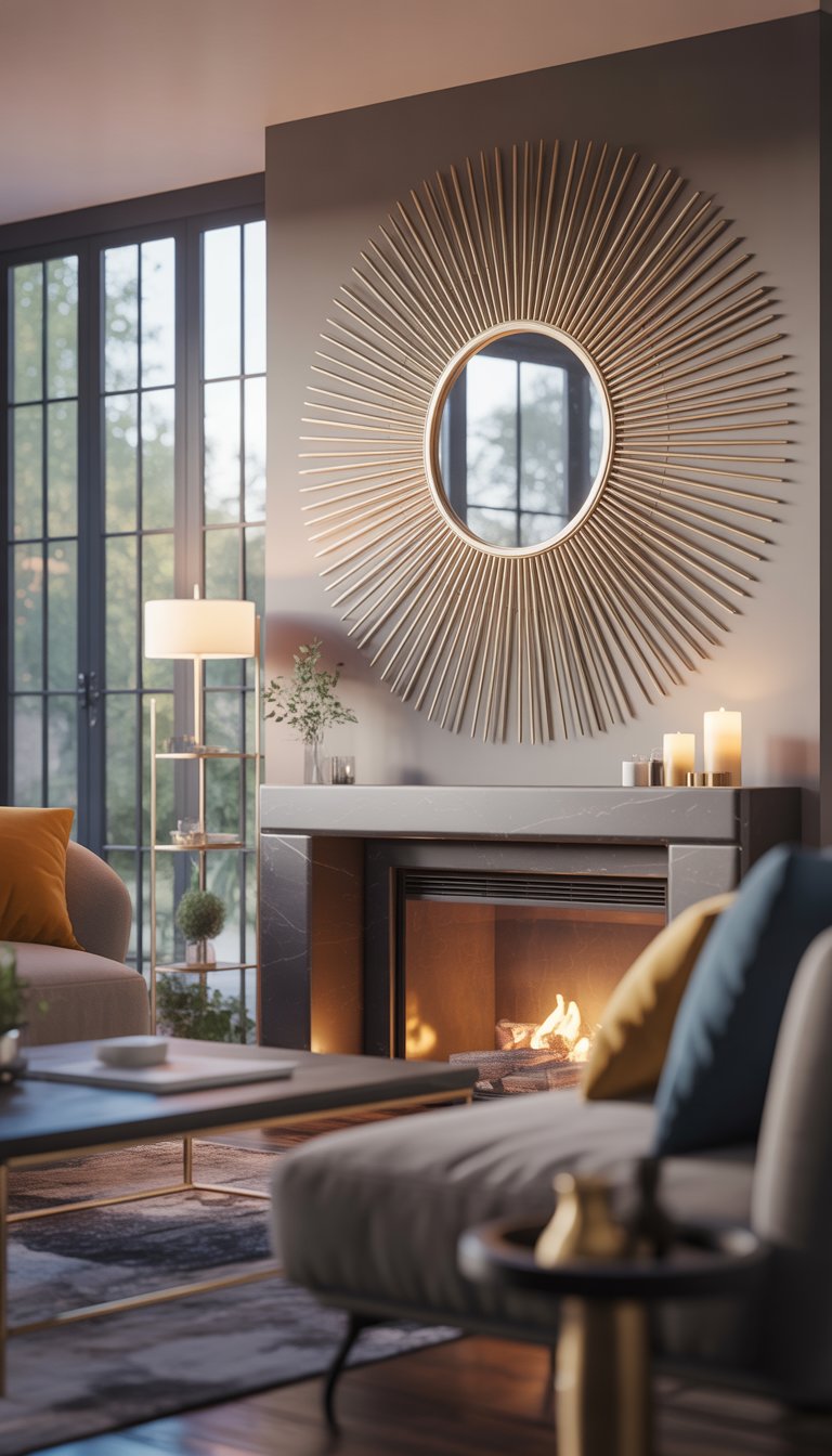 A living room with a sunburst mirror above a fireplace, featuring comfortable seating and warm lighting.