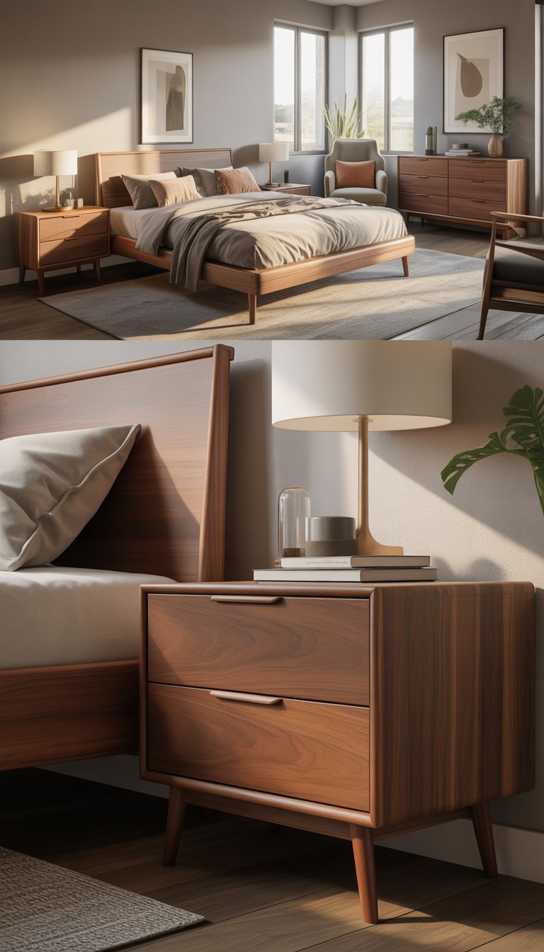 A beautifully arranged bedroom with a wooden bed, matching nightstands, a dresser, a comfortable chair, and plants near large windows letting in natural light.
