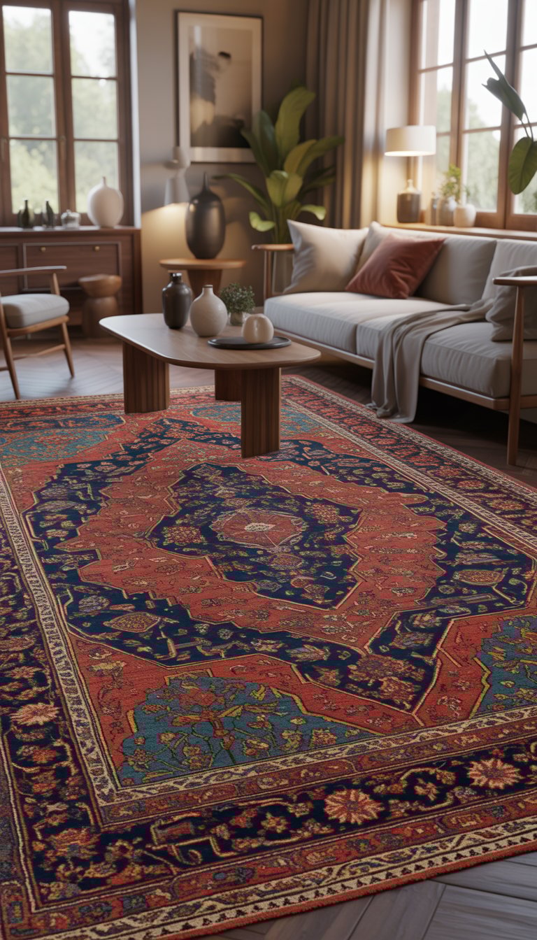 A living room with a vintage Persian rug on the floor, a sofa, coffee table, and plants near large windows.