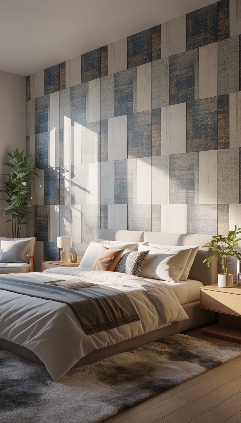 A modern bedroom with a geometric patterned accent wall, a neatly made bed, a nightstand with a lamp and plant, a plush rug, and a cozy armchair near a large window.