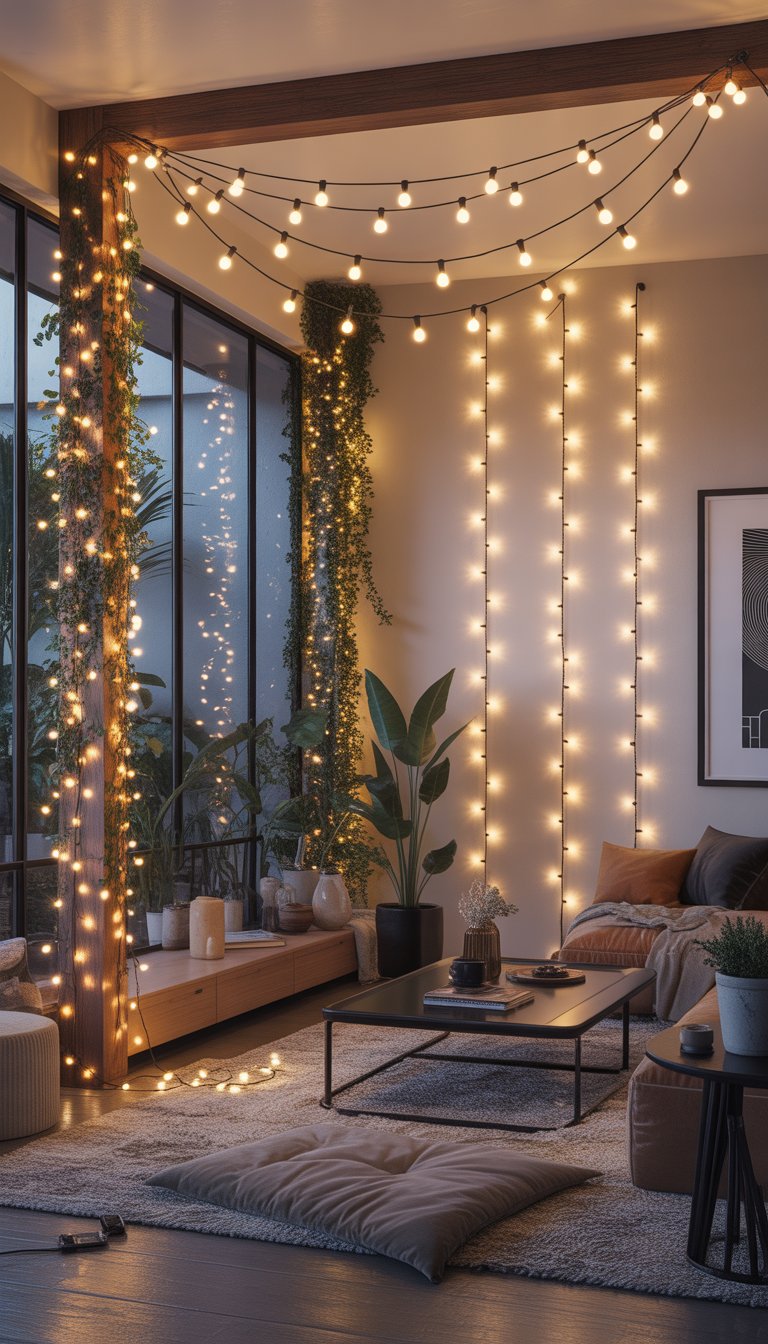 A cozy living room with various string fairy lights hung creatively around the space, including on walls, windows, plants, and ceiling, creating a warm and inviting atmosphere.