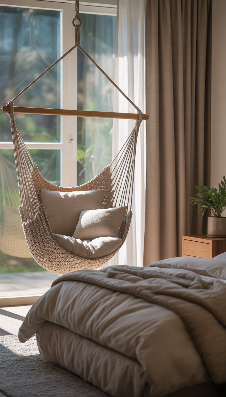 A bedroom with a hammock chair hanging by a large window, featuring soft cushions, a bed, and natural light coming through the window.