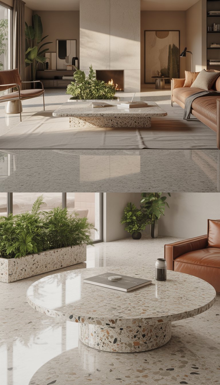 A modern living room with terrazzo flooring and a terrazzo coffee table, featuring a sofa, armchair, plants, and large windows letting in natural light.