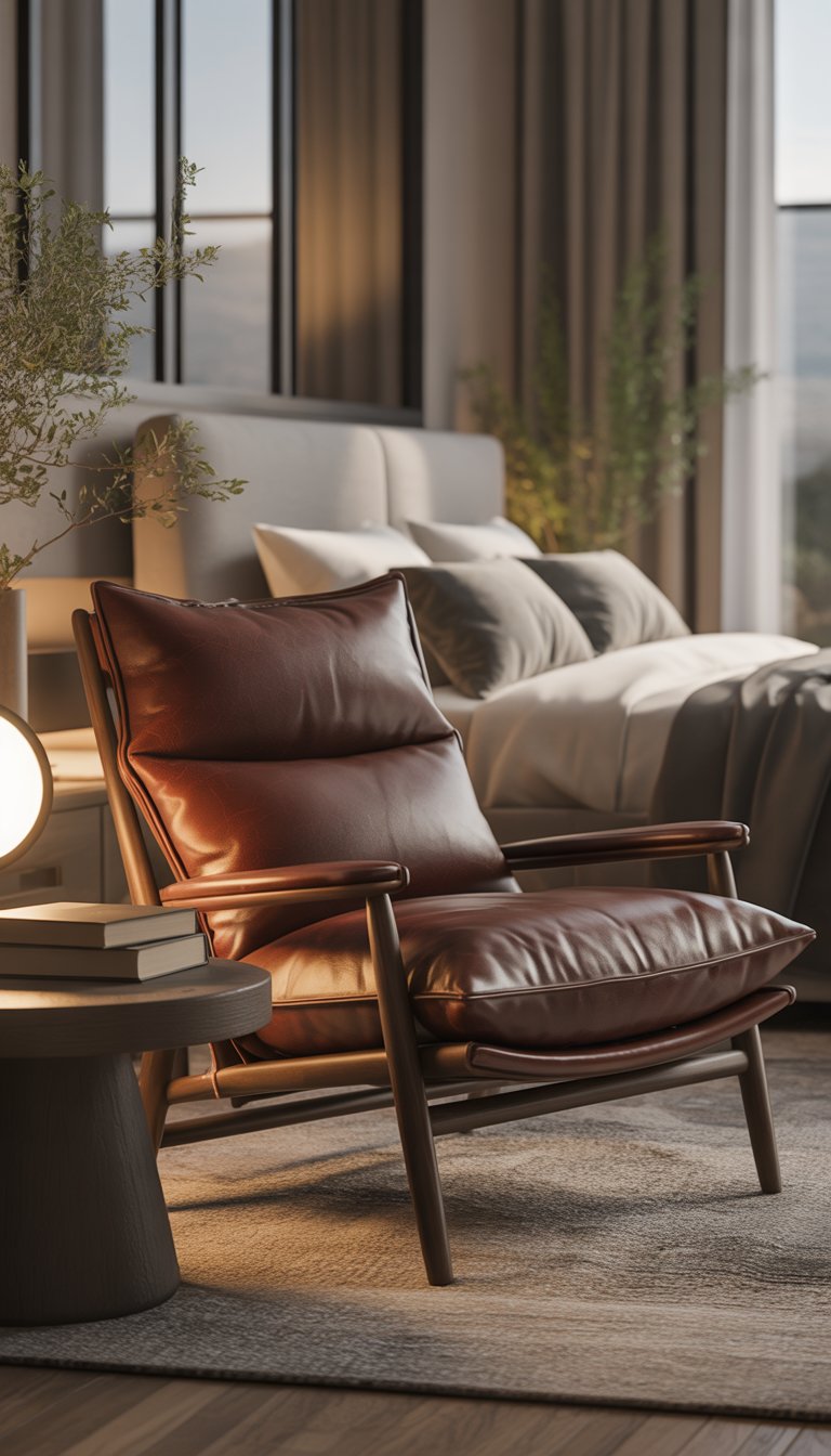 A leather lounge chair in a cozy reading nook next to a wooden side table with books and a lamp, inside a stylish bedroom with a bed, rug, and large windows.