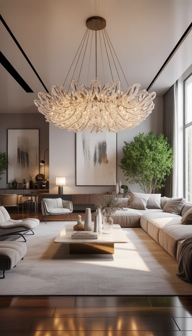 A spacious living room with a large, elegant chandelier hanging from the ceiling, featuring comfortable seating, a coffee table, plants, and large windows letting in natural light.
