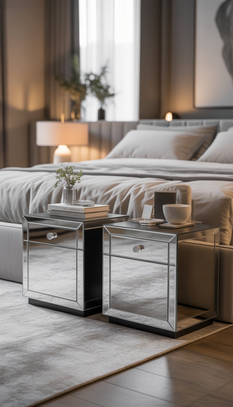 A bedroom with a large bed and two mirrored bedside tables on each side, decorated with lamps, flowers, and books, with natural light coming through a window.
