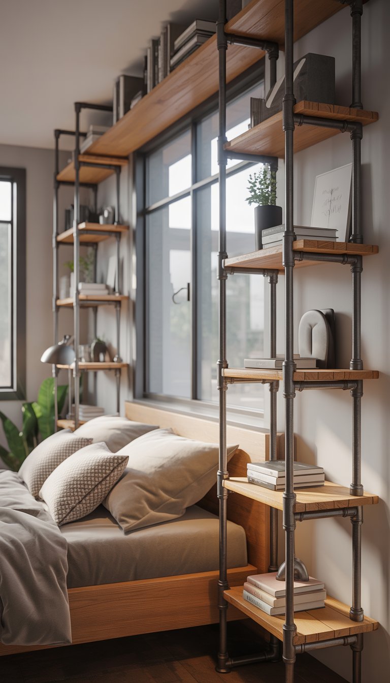 A bedroom with industrial pipe shelving holding books and plants next to a cozy bed with soft linens, illuminated by natural light from large windows.