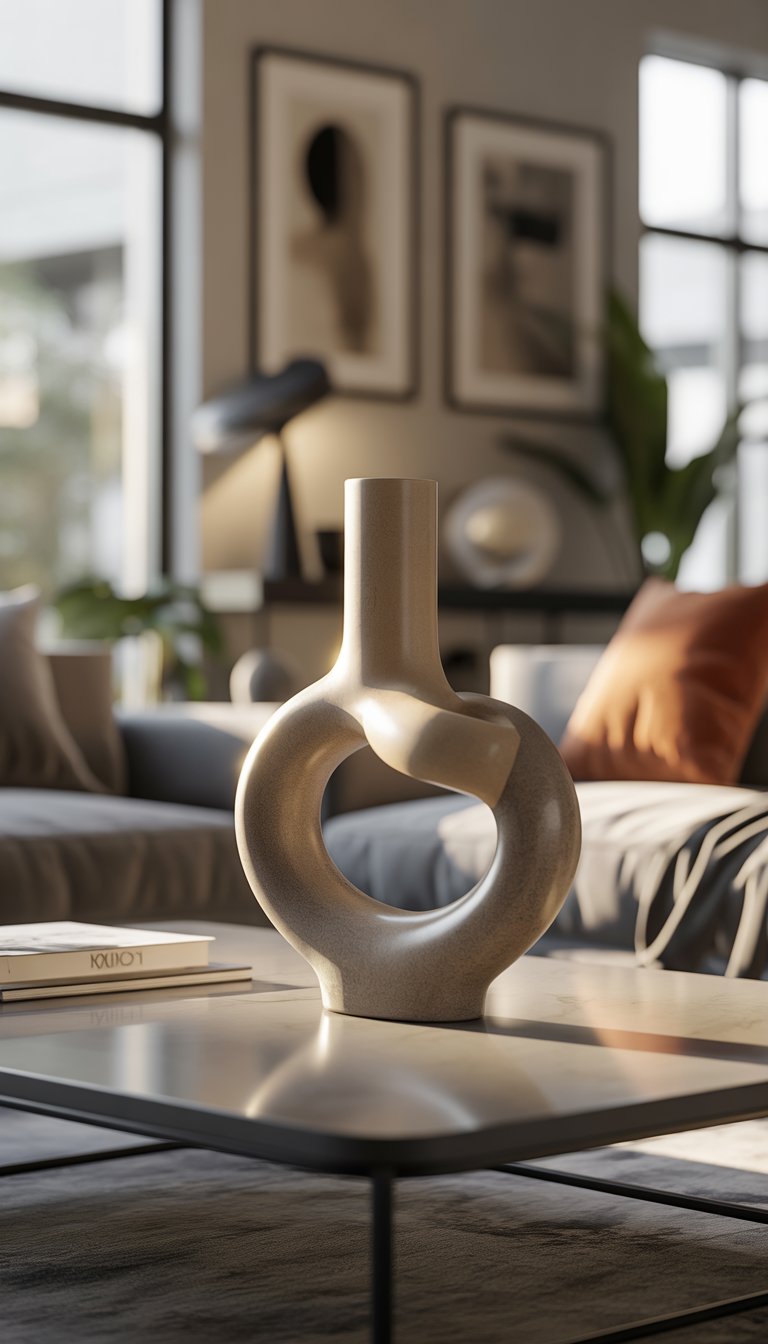 A modern living room with a sculptural vase centerpiece on a coffee table surrounded by a sofa, plants, and wall art.
