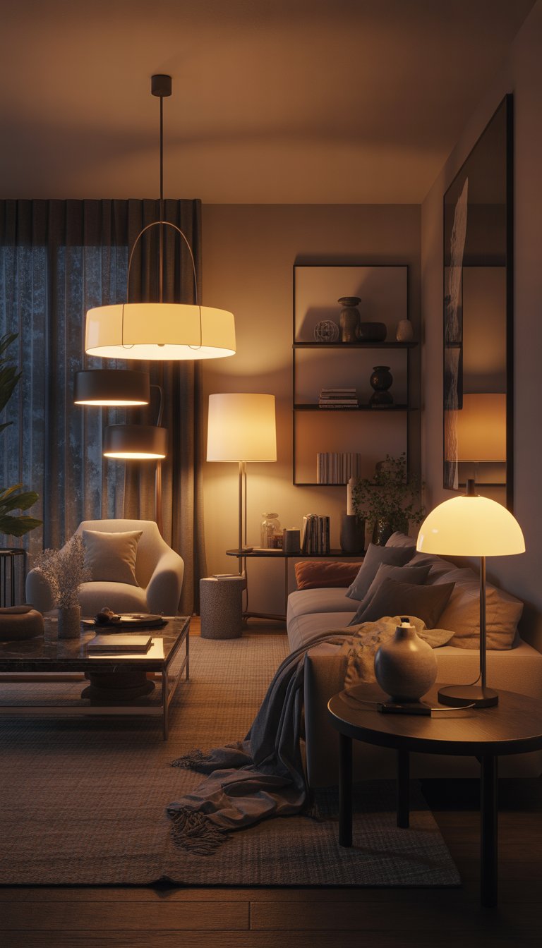 A living room with a sofa, armchairs, coffee table, floor lamps, and table lamps creating a warm and inviting atmosphere.