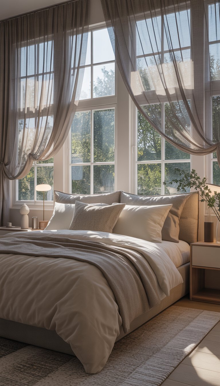 A bedroom with large windows covered by sheer curtains, a neatly made bed with pillows, bedside tables with lamps, and soft natural light filling the room.