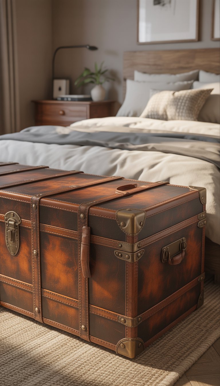 A rustic leather trunk used as a storage bench at the foot of a bed in a cozy bedroom with natural lighting and warm decor.