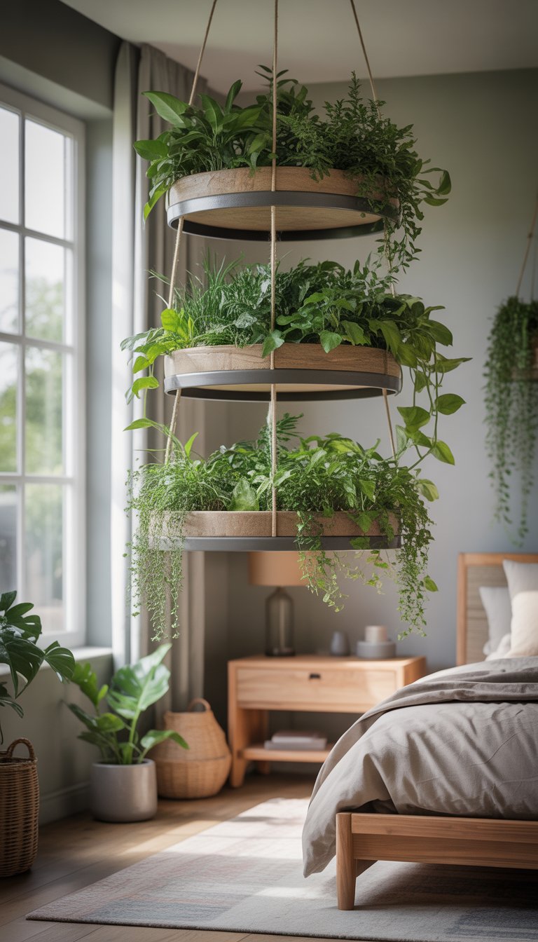 A bright bedroom with three-tier hanging plant holders displaying green plants near a window, featuring a bed, nightstand, and natural decor.