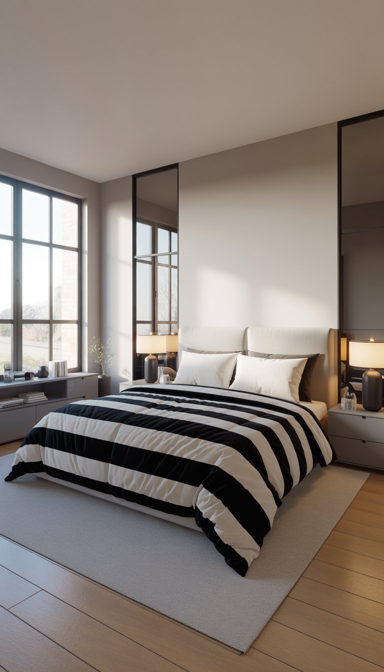 A modern bedroom with a bed covered by a bold black and white striped duvet, bedside tables with lamps, large windows letting in natural light, and simple decor.