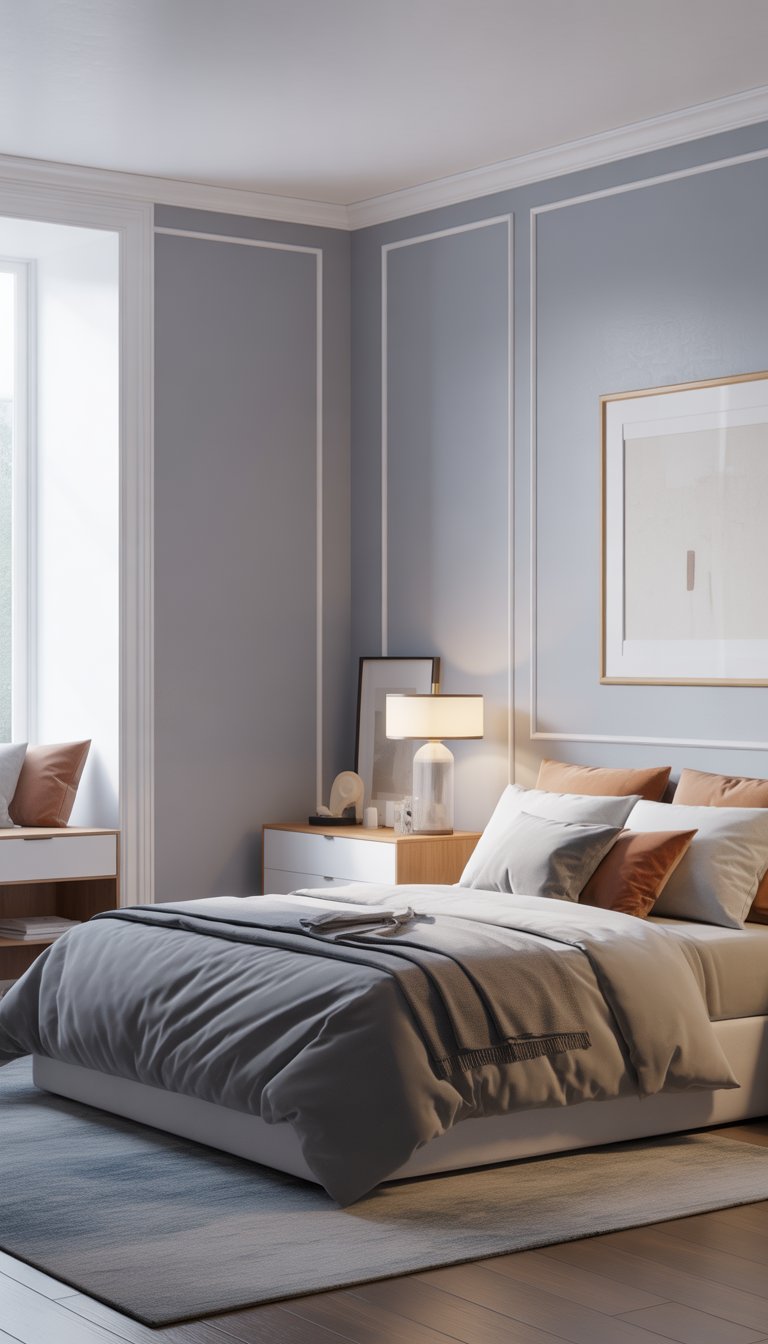 A bedroom with light grey walls and white trim, featuring a bed with neutral bedding, a window letting in natural light, minimalist furniture, and a cozy rug on light hardwood floors.