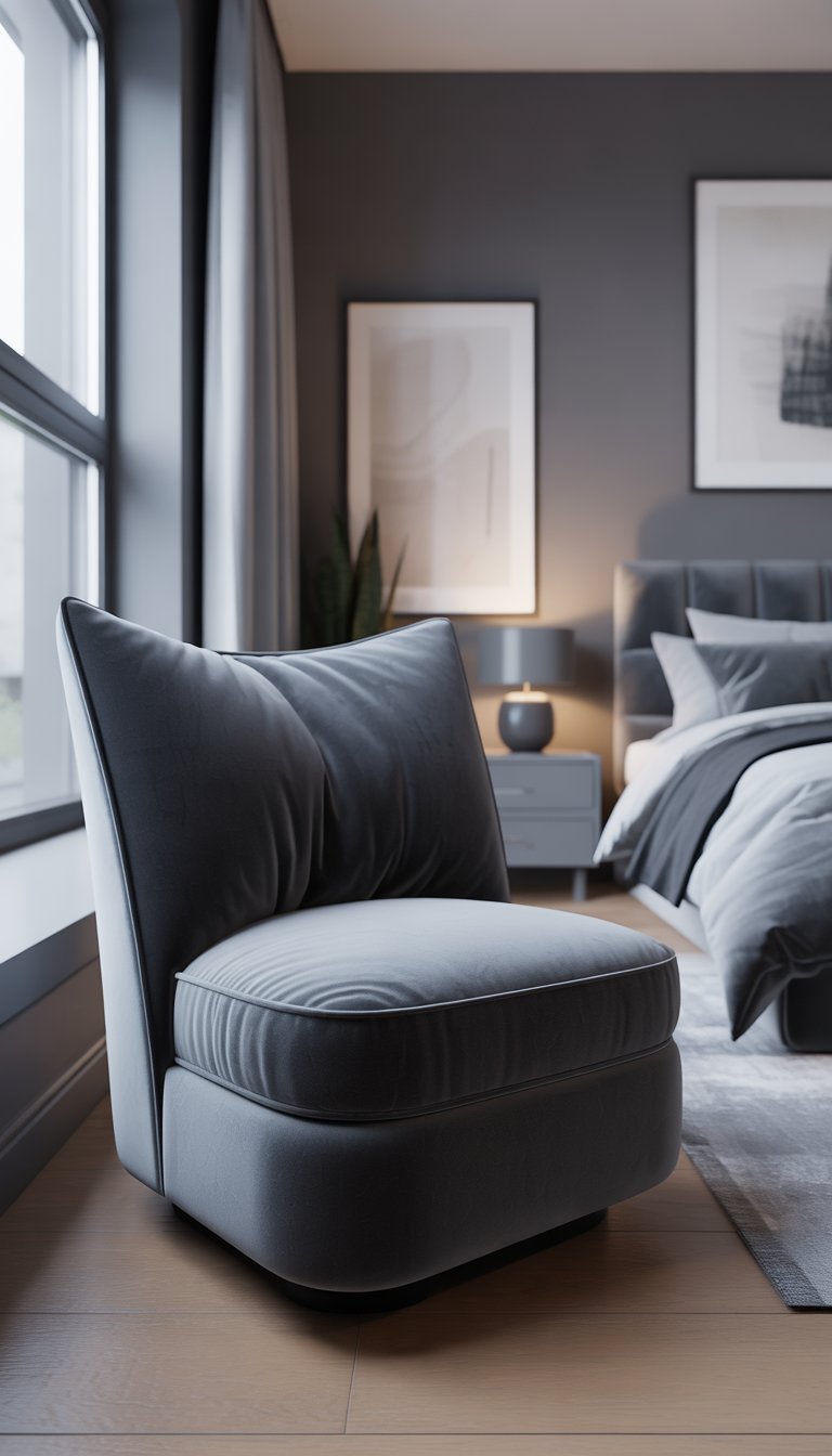 A charcoal grey velvet accent chair in a grey bedroom with a window, bed, bedside table, and decorative elements.