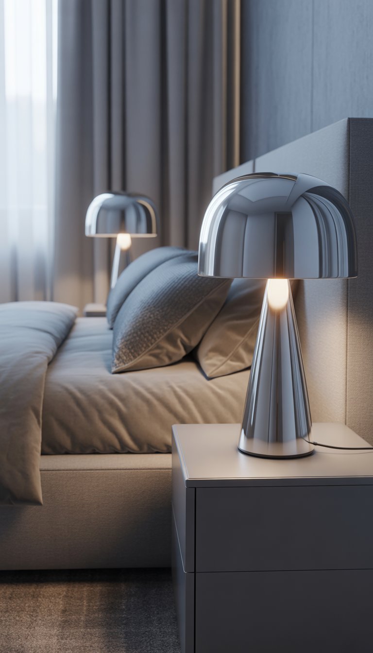 A grey bedroom with a large bed and two silver metallic bedside lamps on minimalist tables.