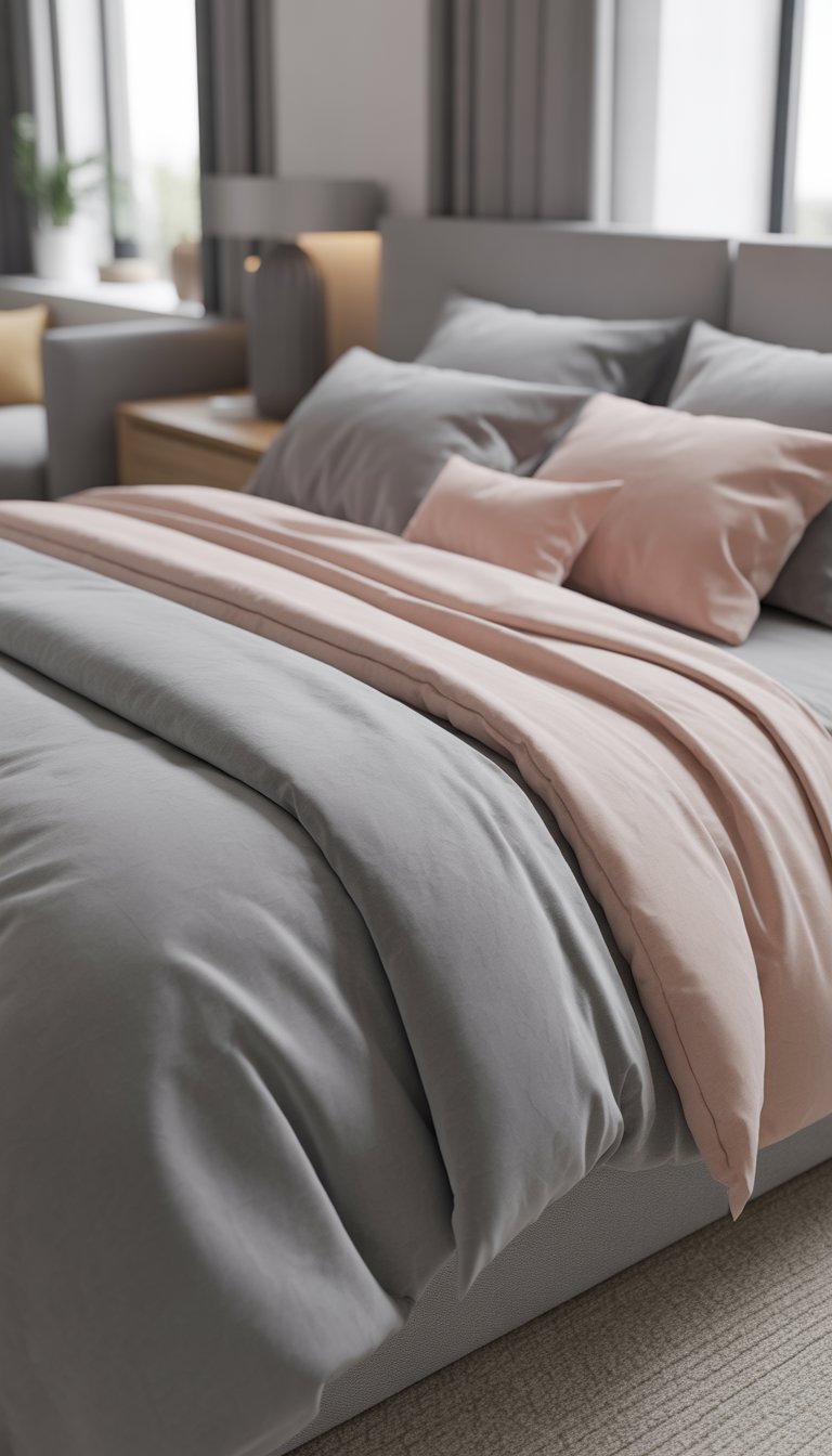 A bedroom with a bed made with grey and blush pink bedding, featuring a grey headboard, wooden furniture, and natural light coming through large windows.