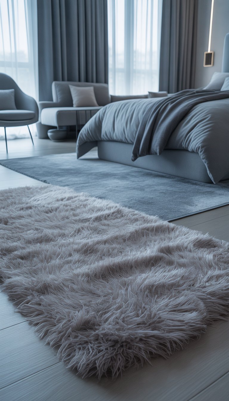 A bedroom with a soft grey shag rug on the floor, a bed with grey bedding, grey curtains, and modern grey furniture, illuminated by natural light from large windows.